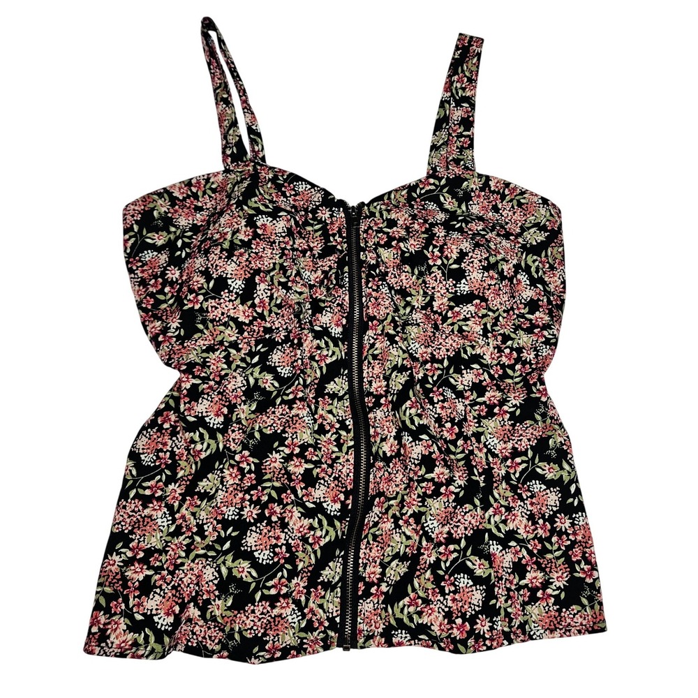 Black Pink Floral Zip-Front Smocked-Back Babydoll Cami Tank Top XL Cottagecore